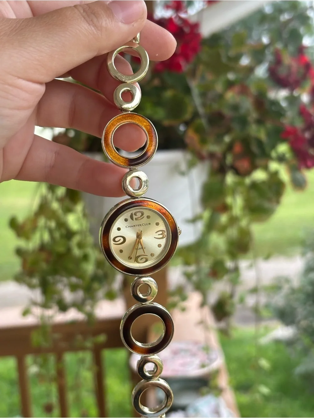Gold-Tone y2k Watch with Brown Enamel Circles
